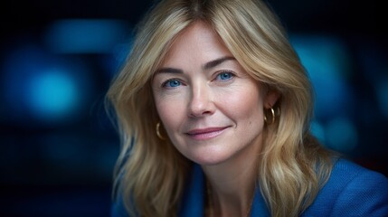 Fototapeta premium Close up portrait of a smiling blonde woman with blue eyes wearing a blue jacket and gold earrings