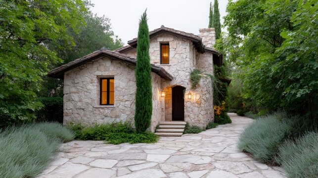 Stone cottage with arched doorway and lit windows surrounded by lush greenery and a stone pathway