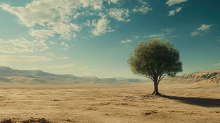 Obraz premium Solitary tree in vast desert landscape under a blue sky and scattered clouds