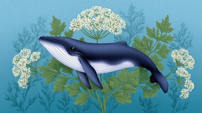 A blue whale swims through a field of delicate white flowers and green foliage against a textured blue background