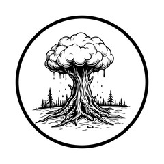 Monochrome illustration with a distinctive tree in the foreground with a forest backdrop and circle line