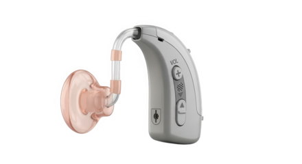 Modern behind the ear hearing aid with custom earmold for improved hearing and sound amplification isolated on transparent background