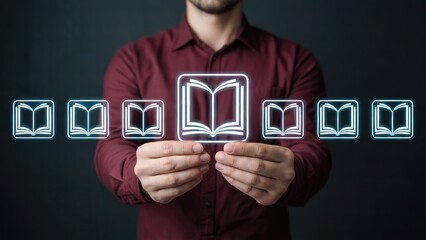 Man showcasing collection of digital book icons representing knowledge and learning