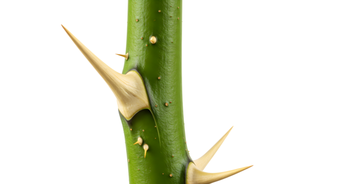 Sharp thorns on vibrant green stem, a striking detail for nature-themed projects and designs