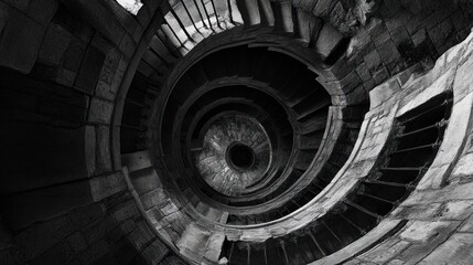 Intricate Spiral Staircase Black and White Architectural Detail.