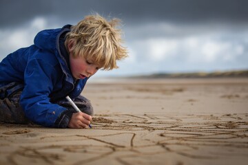 Child sketching in sand
