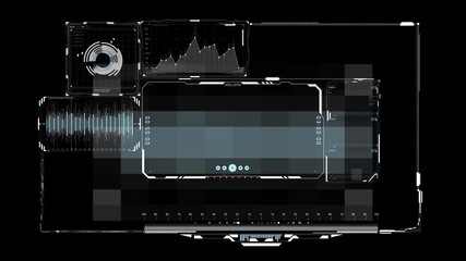 A sleek, futuristic user interface with white glowing lines and animated elements. The interface features multiple screens, each with its own unique design and function