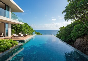 Obraz premium Modern luxury villa with infinity pool overlooking the ocean