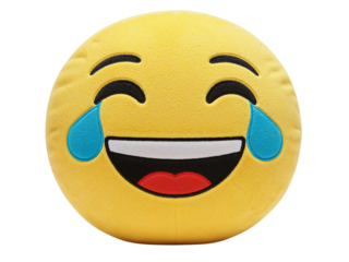 A happy yellow emoji plush toy with tears of joy laughing uncontrollably isolated on transparent background