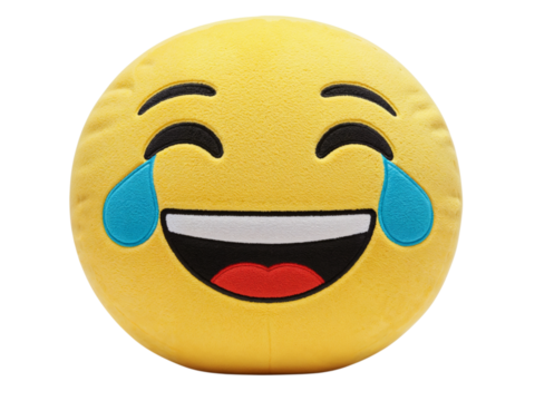 A happy yellow emoji plush toy with tears of joy laughing uncontrollably isolated on transparent background