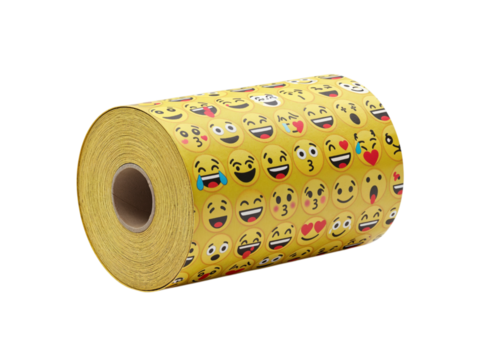 A roll of yellow toilet paper adorned with a repeating pattern of colorful and expressive emoji faces isolated on transparent background
