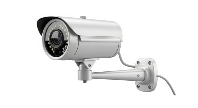 Modern white bullet security camera mounted on an adjustable bracket isolated on transparent background