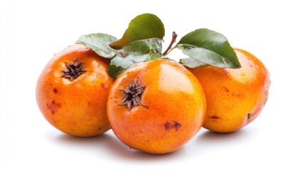 Three Orange Fruits with Green Leaves on White.