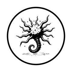 Mystical alien creature with tentacles in circular frame perfect for tattoo design and sci-fi illustration showcasing dark art