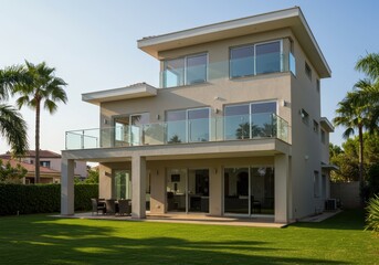 Modern luxury house with balconies and garden