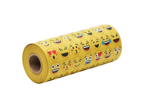 Bright yellow roll of wrapping paper covered in various happy and laughing emoji faces isolated on transparent background