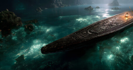 Ancient Egyptian Mythology・Stygian Ferryman&rsquo;s Contract Lantern | Obsidian Boat, Bone Lantern with Glowing Green Soul Cuneiform, Shadowy Ferryman, Quantum Foam, Afterlife Pact