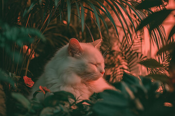 White cat relaxing among the house plant garden