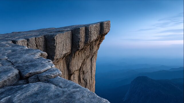 A sheer granite cliff edge overlooks misty blue mountain ranges under a clear sky