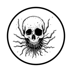 Monochrome skull graphic design featuring tentacles creates a horrorcore aesthetic within a circular frame illustration