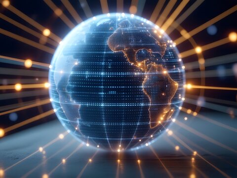 Global network connections and data transfer visualization with illuminated digital Earth globe
