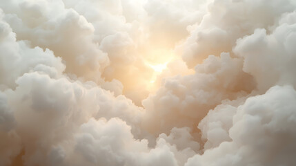 The image depicts a dreamy, ethereal cloudscape with dense clouds in white, cream, and pale gray, surrounded by warm golden light, creating a peaceful, abstract, and celestial scene.