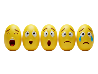 Five yellow emoji eggs with different facial expressions lined up in a row isolated on transparent background