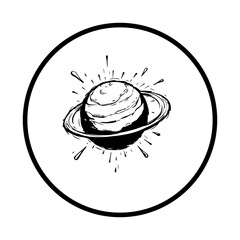 Hand drawn saturn planet with visible ring system, a black and white science emblem © LgsDesign
