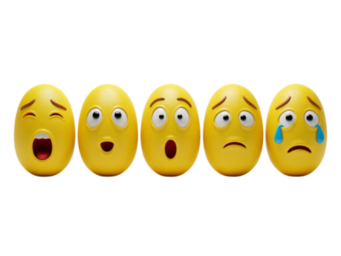 Five yellow emoji eggs with different facial expressions lined up in a row isolated on transparent background
