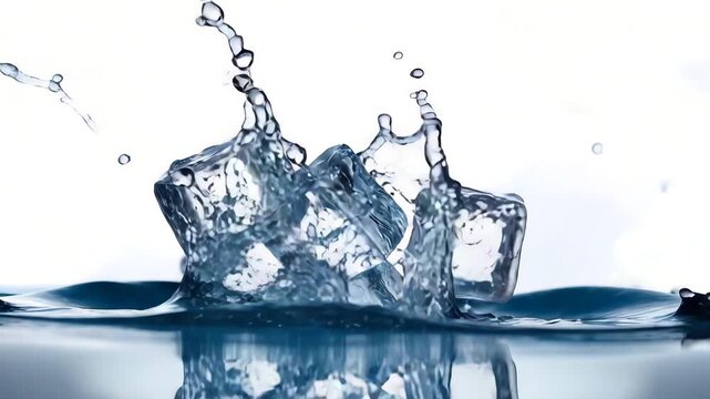 Dynamic ice cube sequence dropping into water creating a refreshing splash effect