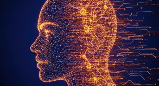 Digital human head profile rendered as a glowing orange wireframe with intricate neural network connections and data streams flowing outward.