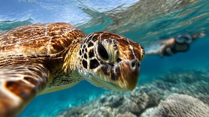 Fototapeta premium close-up of sea turtle swimming near diver with coral in background