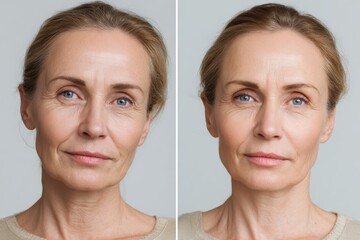 Closeup of a middle aged woman s face pre and post beauty mask treatment highlighting wrinkles Anti aging collagen mask for menopause skincare