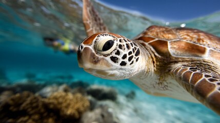 Fototapeta premium close-up of sea turtle swimming near diver with coral in background