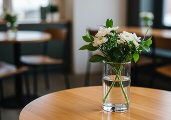 White flowers in a glass vase on a wooden table in a cafe