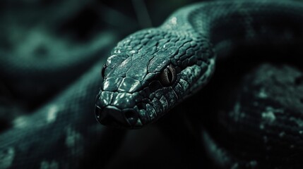 Close-up of a Snake Head with Detailed Scales and Dark Background.