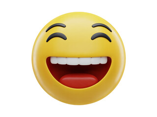 Fototapeta premium Joyful yellow emoji face with wide open mouth and teeth showing laughing heartily isolated on transparent background