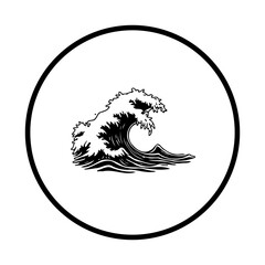 Monochrome ocean wave drawing inside circle presenting the natural forces and marine environment for commercial usage