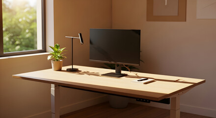 Modern Light Wood Workspace with Computer and Plant in Sunlit Room