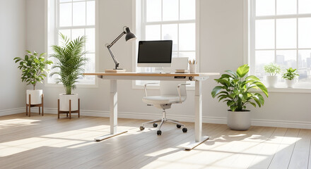 Fototapeta premium Bright Minimalist Home Office Workspace with White Desk and Green Plants