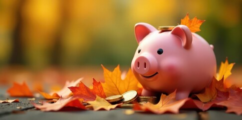 Piggy bank overflowing with coins nestled in vibrant autumn leaves , treasure, abundance