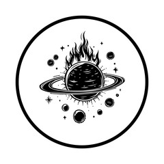 Illustration depicting planet saturn on fire with stars and celestial bodies and ring system in monochrome © LgsDesign