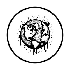 Black and white graphic design globe in a circle symbolising global issues and challenges for the planet