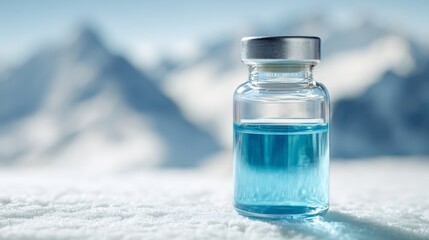 Obraz premium Small clear vial with glowing blue liquid on sterile white surface, symbolizing high-altitude medicine and scientific innovation in healthcare and research.