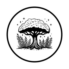 Whimsical nature scene silhouette of a tree embraced by star elements in clean round circle illustration