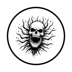 Circular skull with open mouth and sun like rays radiating around it on white background