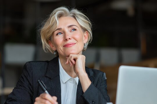 Accomplished attractive and mature Caucasian female executive in a suit working on a laptop and strategizing in her office
