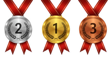 Gold, Silver, and Bronze Medals with Red Ribbons, Award for Winners