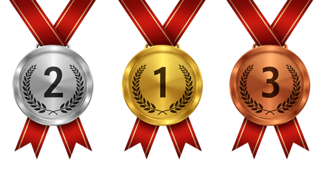 Gold, Silver, and Bronze Medals with Red Ribbons, Award for Winners