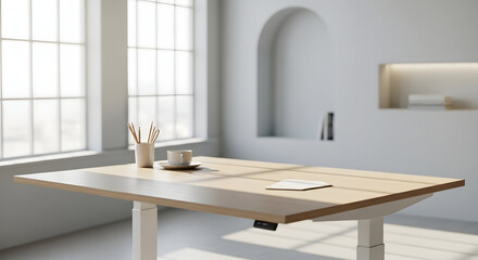 Fototapeta premium Modern Minimalist Light Wooden Adjustable Standing Desk